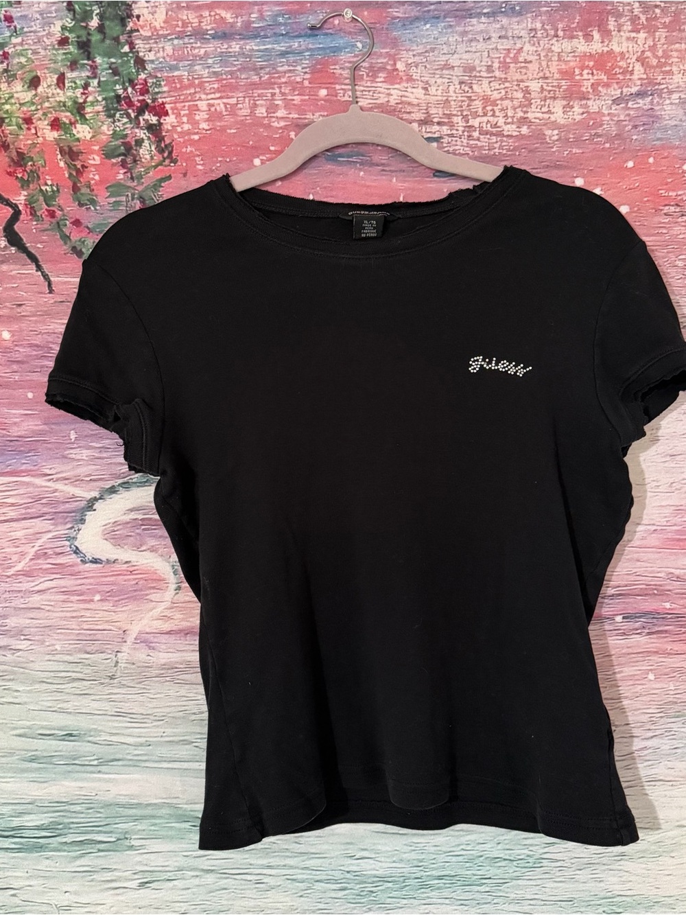 Guess Black Short Sleeve Tee with Rhinestone Logo